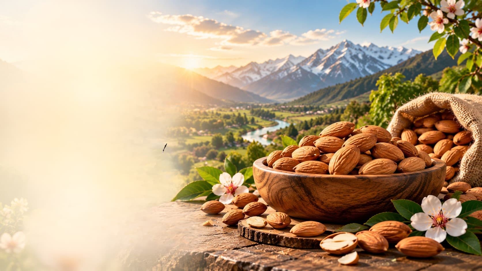 Golden almonds in a wooden bowl with a mountain valley behind
