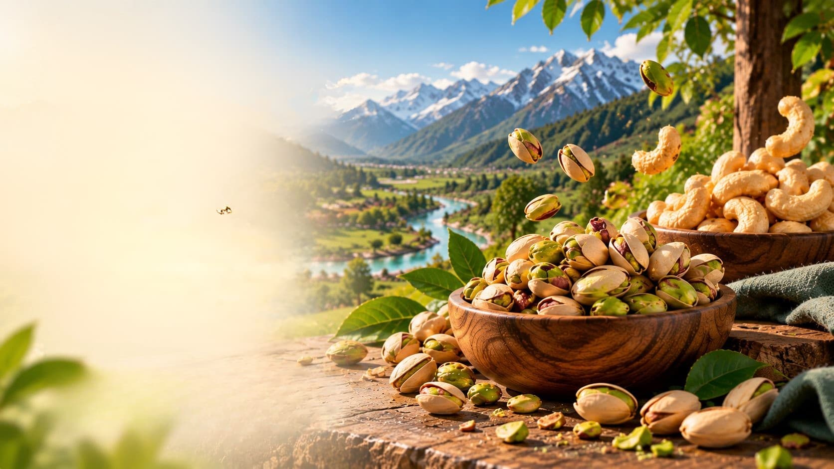 Bowls of premium pistachios and cashews overlooking a lush mountain valley