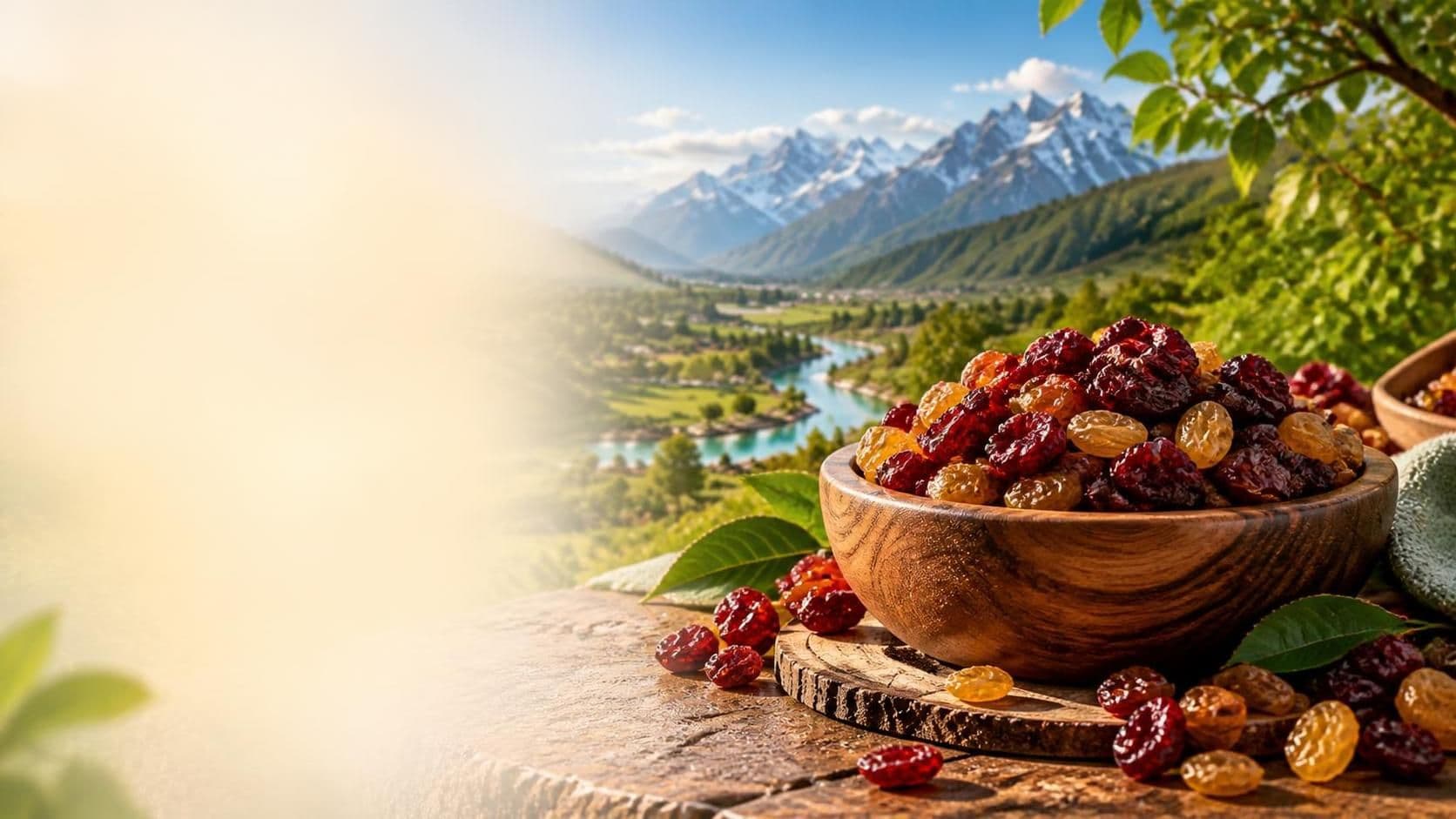 Sun-dried berries and golden raisins in a wooden bowl against a mountain valley
