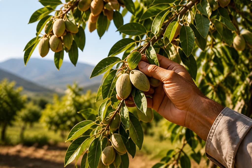 Artisan inspecting fresh mountain almond harvest on the branch